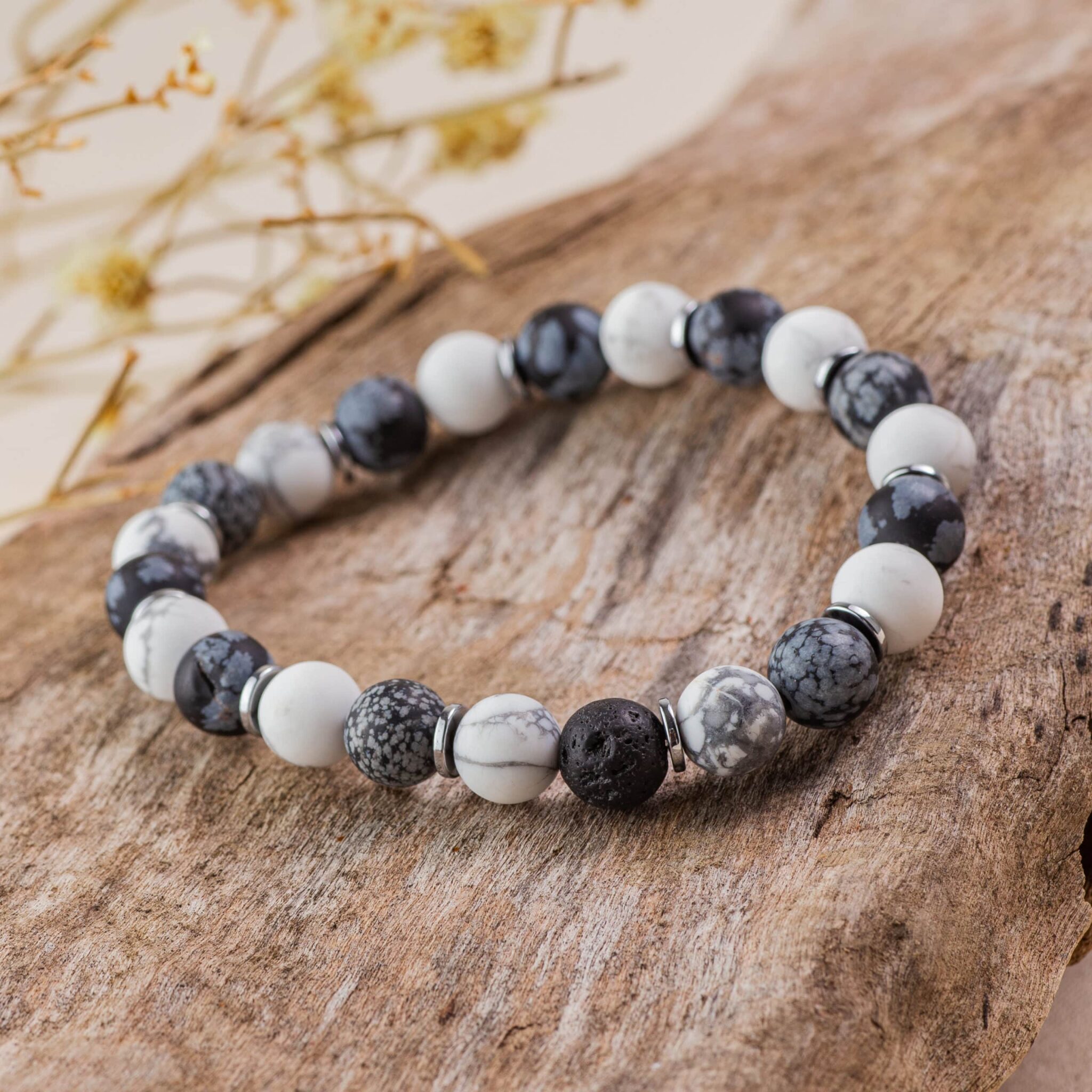 bracelet homme howlite & obsidienne flocon de neige 8mm 21cm bracelet homme howlite & obsidienne flocon de neige 8mm 21cm