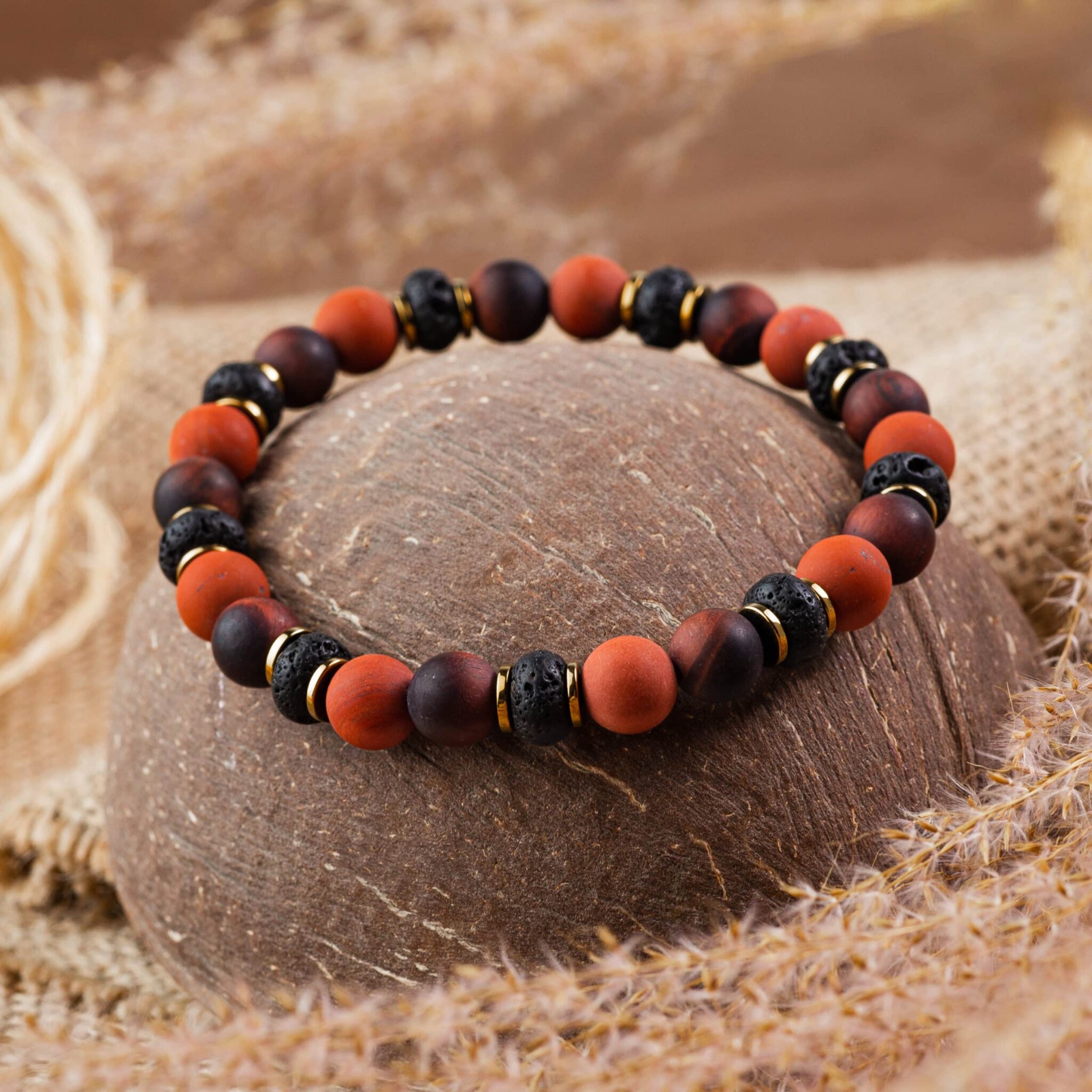 bracelet homme jaspe rouge, oeil de taureau & pierre de lave 8mm 21cm bracelet homme jaspe rouge, oeil de taureau & pierre de lave 8mm 21cm
