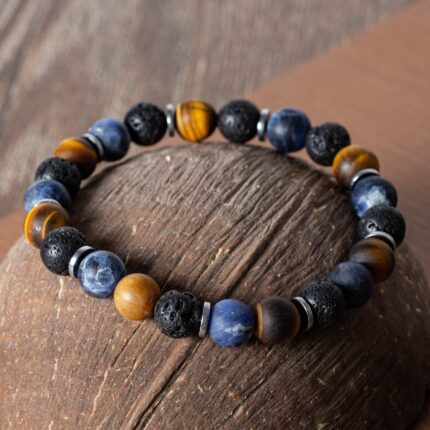 bracelet homme sodalite, oeil de tigre & pierre de lave 8mm 21cm